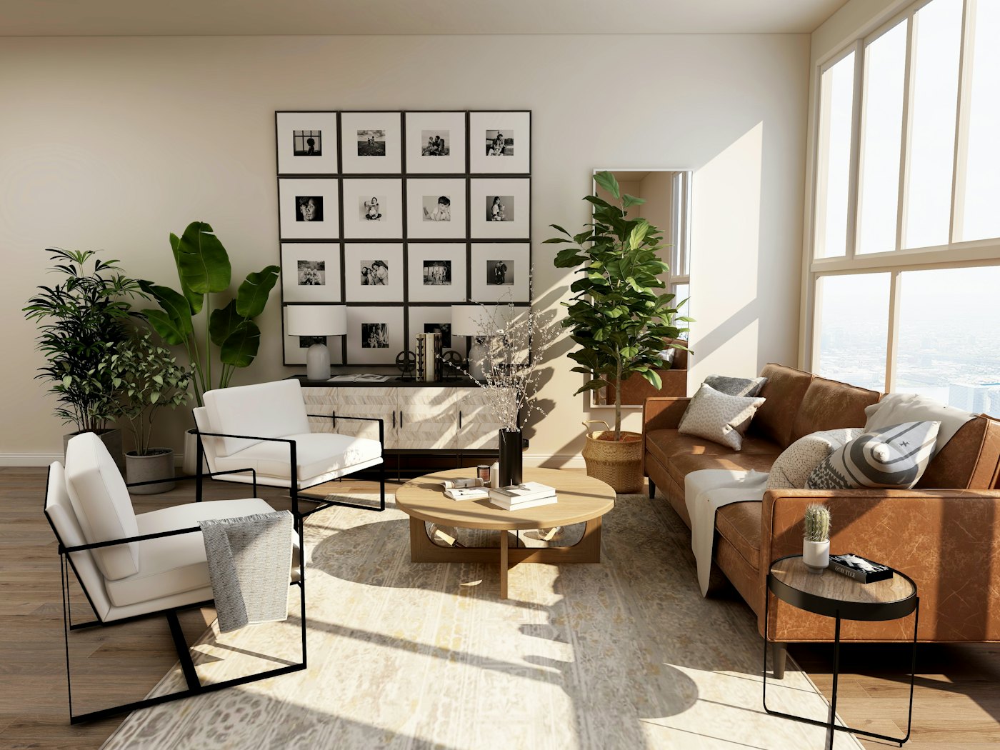 Sunlit living room styled with natural textures
